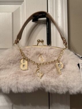 Baby Phat Beige/Cream Faux Fur Chain Charm Handbag